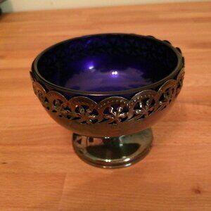 Celtic Quality Silver Plate Cobalt Blue Glass England Dessert Cup Medieval